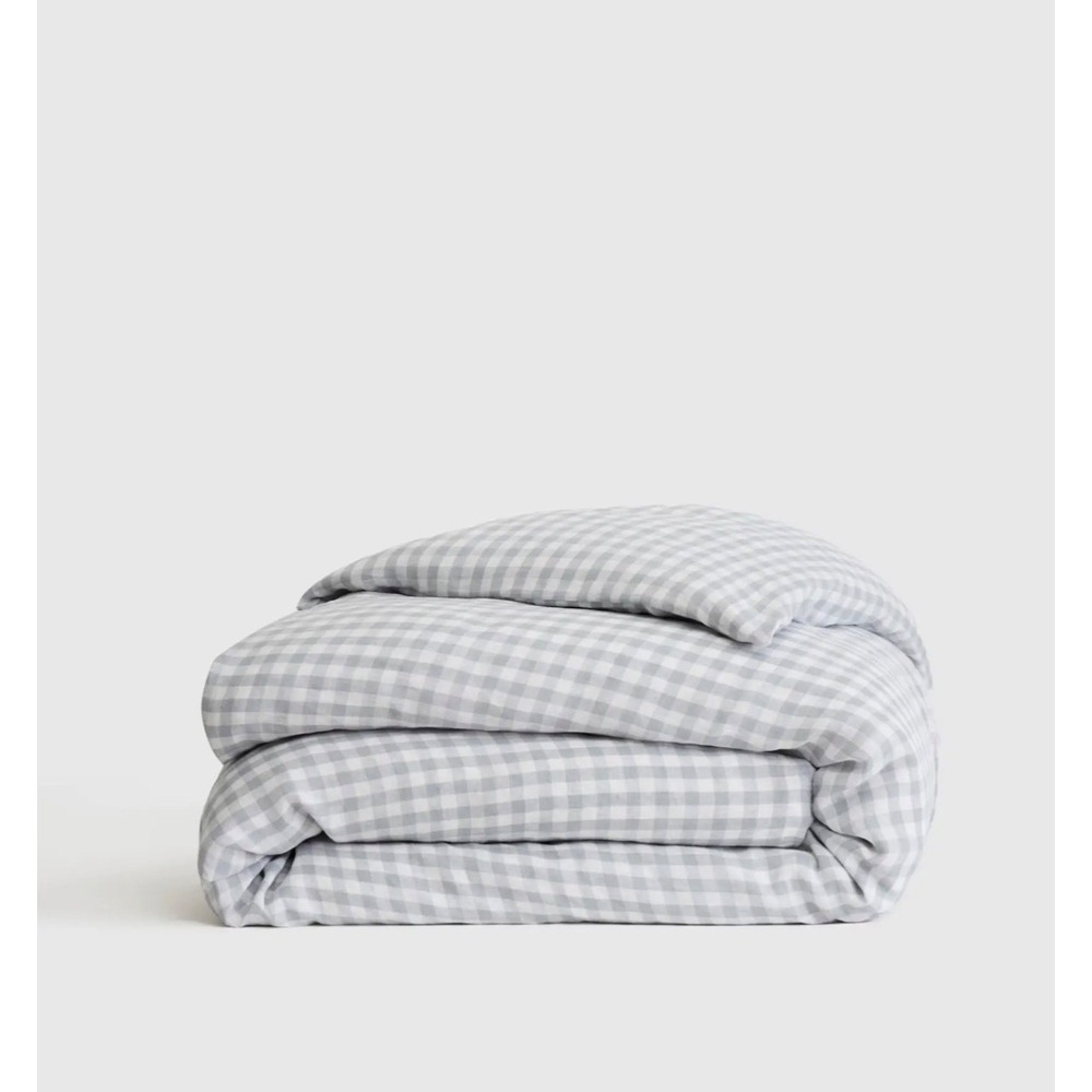 Quince Classic Organic Percale Gingham Duvet Cover Blue Fog King Cal King